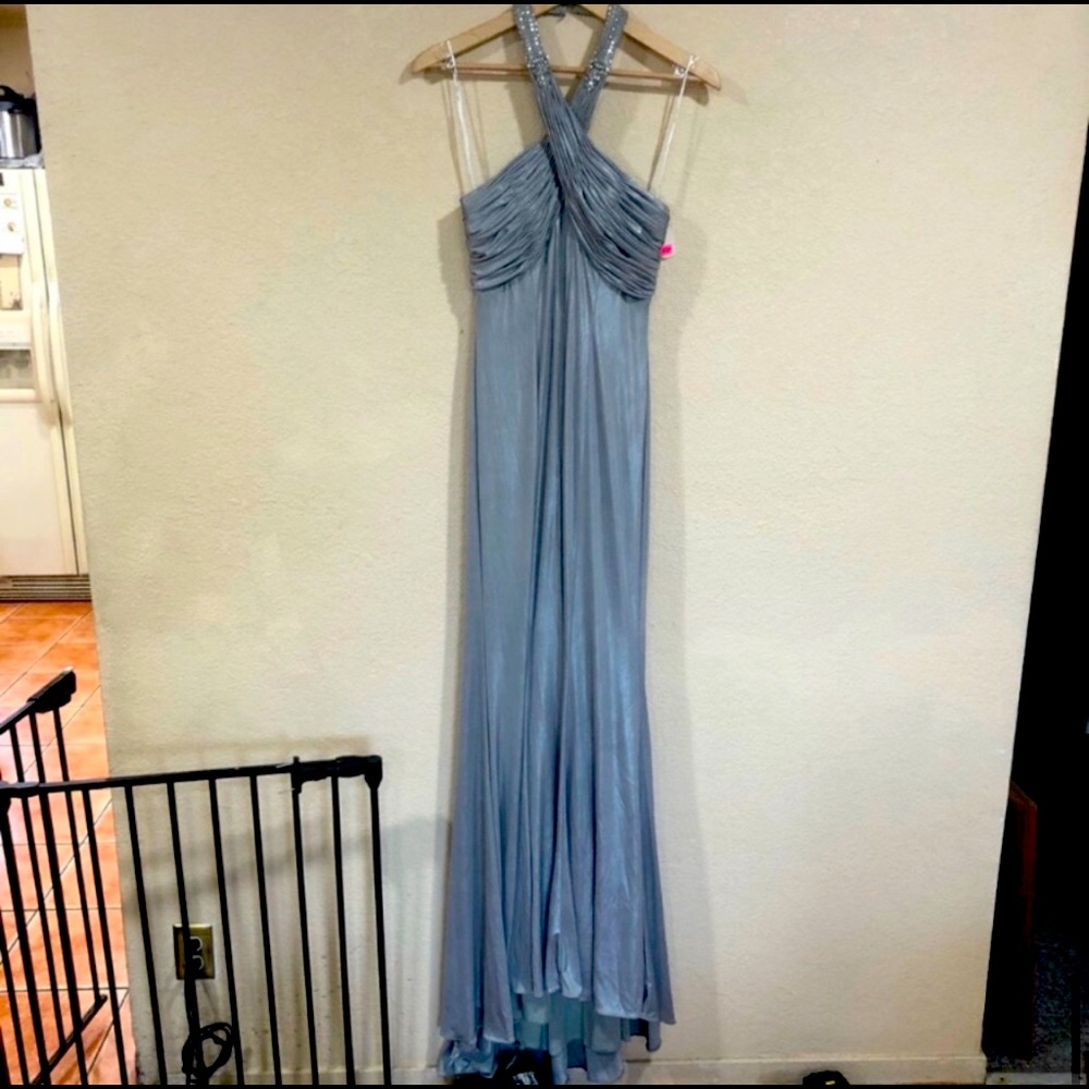 NWT Atelier Alyce Satin Rouge Collection silver gray Halter jersey prom dress